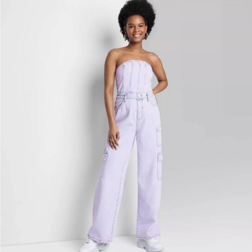 Wild Fable Off White Denim Cargo Wide Leg Tube Jumpsuit size X-Small